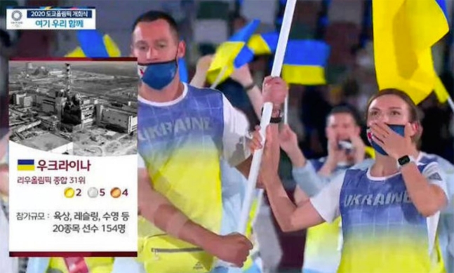 2020 도쿄올림픽 개회식을 중계하면서 우크라이나 선수단을 소개할 때 체르노빌 원전 사고 사진을 사용한 MBC 방송 화면./사진=MBC 방송 화면 캡처