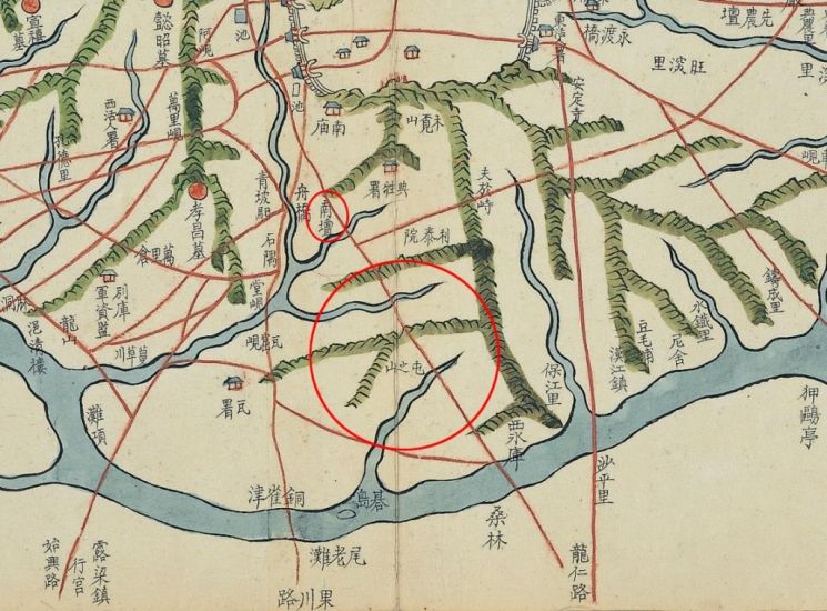 조선 후기 '경조오부도'에 그려진 둔지산 남단(붉은원 표시)