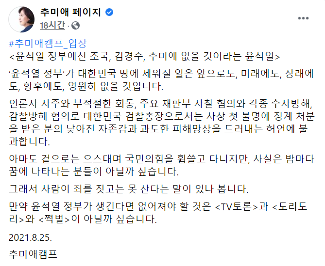 추미애 전 법무부 장관이 25일 자신의 페이스북에 입장문을 올려 윤석열 국민의힘 대선 예비후보를 비판했다.