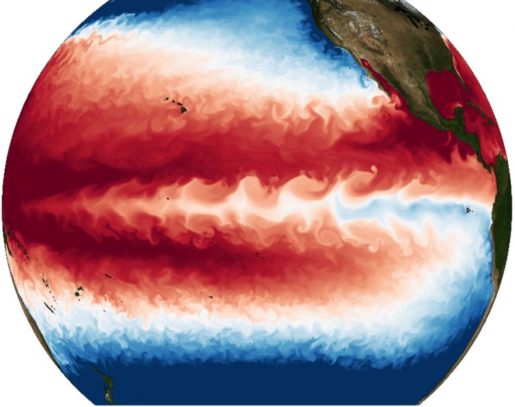 전례 없는 공간 해상도의 대기-해양 결합 모델에서 시뮬레이션 된 해수면 온도. 기초과학연구원(IBS)은 이산화탄소 농도가 계속 짙어질 경우 라니냐, 엘니뇨 등 기후 현상이 약화된다는 사실을 시뮬레이션을 통해 확인했다.