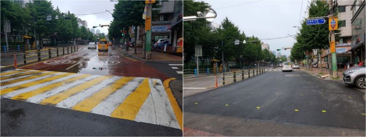 도로 물고임 정비 전(좌), 정비 후(우) 사진