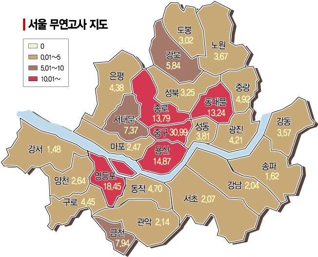 서울은 중구, 영등포, 용산, 종로 등에서 무연고사 지수가 높게 나타났다.