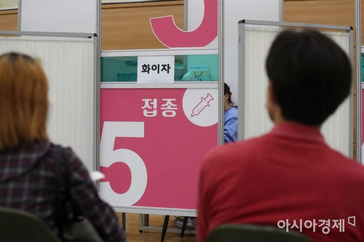 정부가 추석 전까지 백신 1차 접종률을 70%까지 끌어올리겠다는 목표를 세운 가운데 30일 서울 중구 충무스포츠센터에 마련된 예방접종센터에서 시민들이 백신을 맞기 위해 기다리고 있다. 이날 코로나19 예방접종 대응추진단에 따르면 백신 누적 1차 접종자는 총 2864만1079명으로 전체 인구의 55.8%에 해당한다. /문호남 기자 munonam@