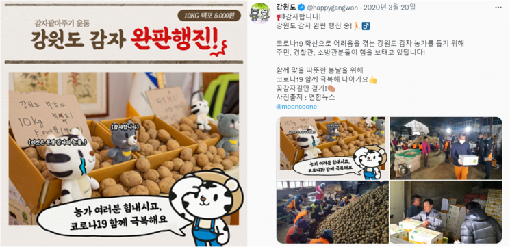 지난해 3월 강원도청은 코로나19로 침체된 농가를 살리기 위해 감자 판매에 나섰다. 도청은 지난해 3월20일 트위터를 통해 감자 소비 판매 포스터(좌)를 올려 소비를 장려했다. 사진=강원도청 트위터 캡처.