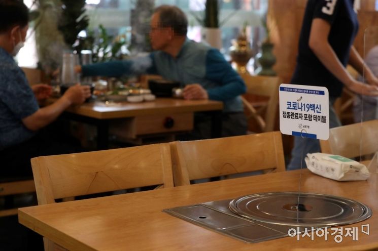 노원구 한 식당에 ‘코로나19 백신 접종 완료자 포함 테이블’ 안내판이 놓여 있다. /문호남 기자 munonam@