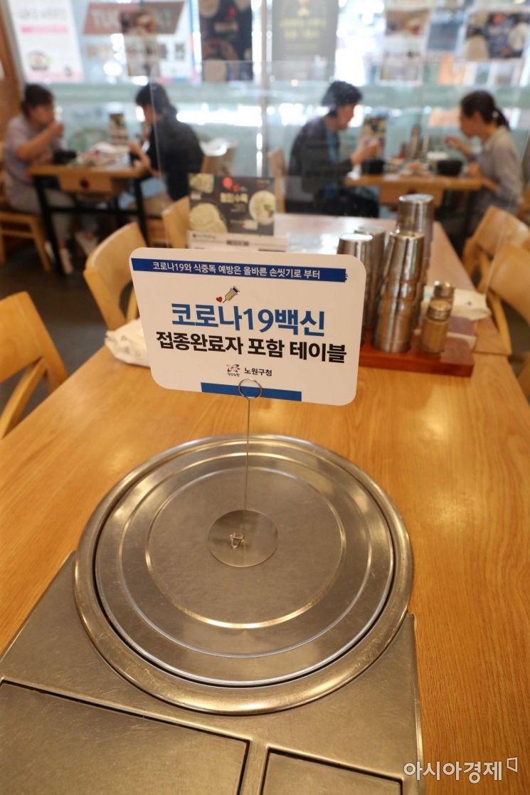 노원구 한 식당에 ‘코로나19 백신 접종 완료자 포함 테이블’ 안내판이 놓여 있다. /문호남 기자 munonam@