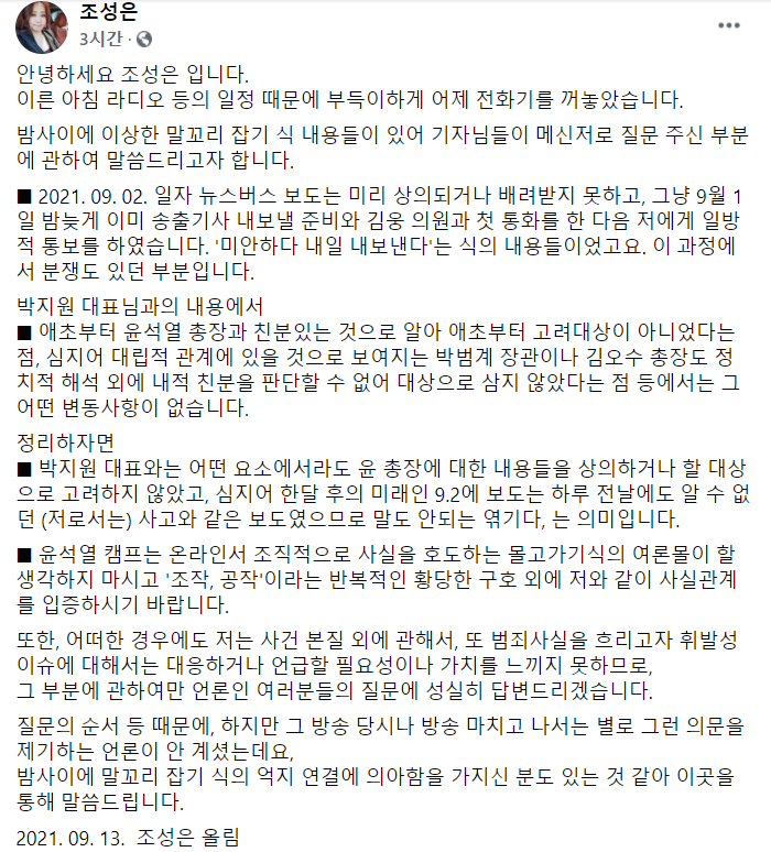 조성은 전 미래통합당 선거대책위원회 부위원장이 13일 자신의 페이스북에 글을 올려 박지원 국정원장과의 공모를 부인했다. 사진=조 전 부위원장 페이스북 캡처.
