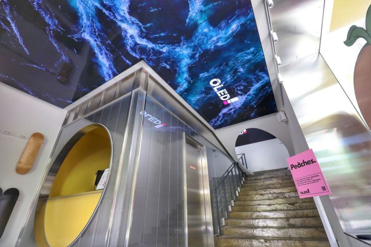 서울 성수동 복합문화공간 '피치스 도원'에 열린 'OLED 아트 웨이브' 프로젝트에 설치된 국내외 미디어 아티스트의 OLED 디지털 아트의 모습.(사진제공=LG디스플레이)