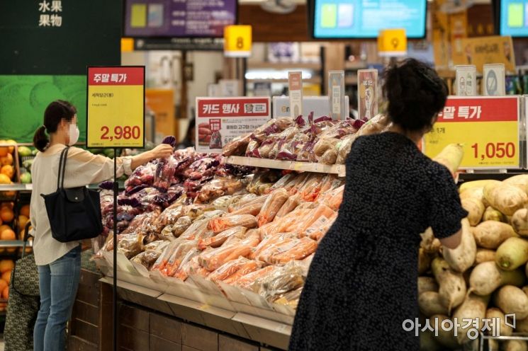 소비자 물가의 선행지표로 얘기되는 생산자물가가 10개월 연속 올라 역대 최고치를 기록한 24일 서울 한 대형마트를 찾은 고객들이 장을 보고 있다./강진형 기자aymsdream@