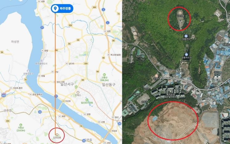 인조의 능인 파주 장릉에서 김포 장릉까지 일직선으로 연결된 모습(좌)과 김포 장릉과 검단 신도시 건축 현장 사이 모습. / 사진=네이버 지도 캡처