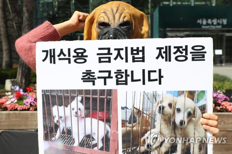 한 동물단체 회원이 개, 고양이 등 식용을 금지할 것을 촉구하고 있다. / 사진=연합뉴스