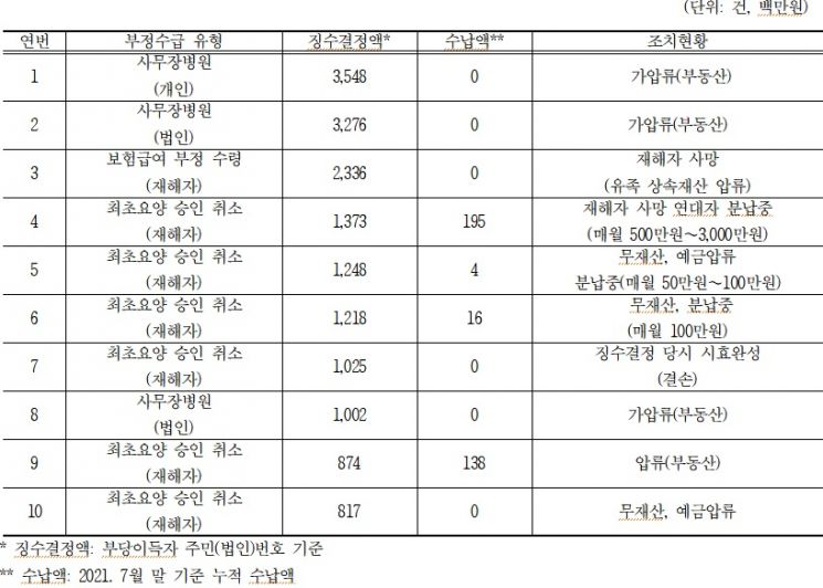 부정수급자 상위 10개 내역.(자료=윤준병 더불어민주당 의원실)