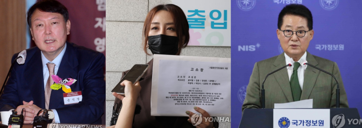 왼쪽부터 윤석열 전 검찰총장, '고발 사주' 의혹의 제보자 조성은씨, 박지원 국가정보원장.