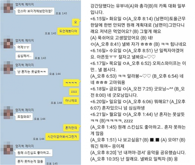 가해자로 지목된 복지센터 대표 A씨는 B씨와의 카카오톡 대화 내용 중 일부를 공개했다. 사진=온라인 커뮤니티 화면 캡처.