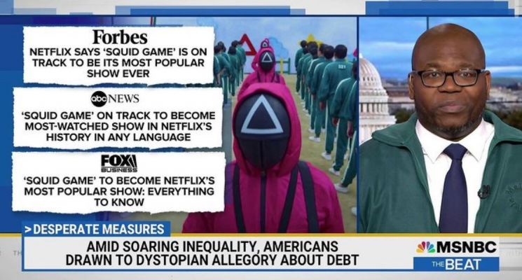 '오징어 게임' 인기 어디까지…美 평론가 '녹색 운동복' 입고 뉴스 등장