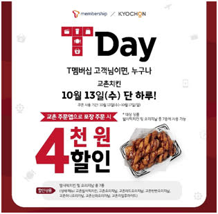 교촌치킨, SKT T멤버십 고객 4000원 할인 쿠폰 제공