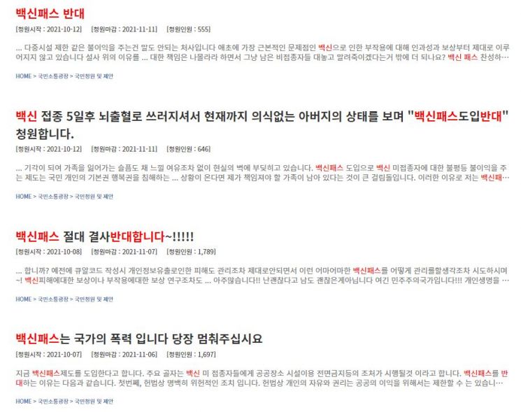 최근 청와대 국민청원 게시판에 백신패스 제도를 반대하는 내용의 청원이 잇달아 올라오고 있다. 사진=청와대 국민청원 게시판 화면 캡처.