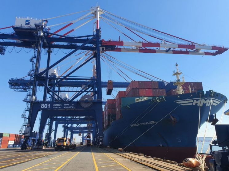 5000TEU급 컨테이너선 ‘HMM 프리빌리지호’가 광양항에서 국내 수출기업들의 화물을 싣고 있다.