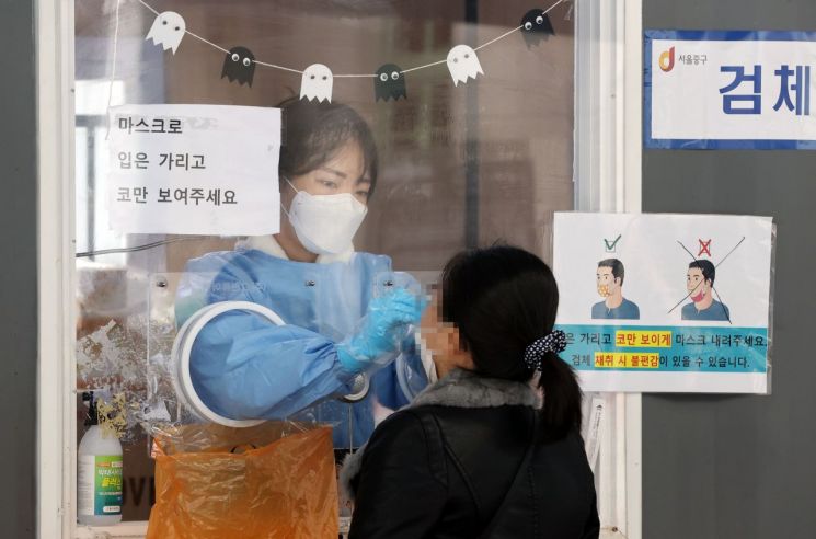 지난 19일 서울역광장에 마련된 코로나19 임시선별검사소에서 의료진이 검체를 채취하고 있다. [이미지출처=연합뉴스]