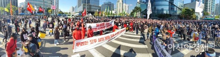 민주노총, 서대문역 사거리서 기습 본대회…도로 점거해 일대 혼잡