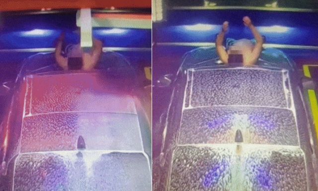 자동세차장에서 차 위에 드러누워 샤워를 하는 남성의 모습. /사진=보배드림 캡처