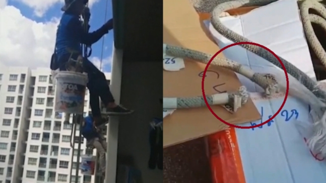 태국 고층 콘도에 거주하는 한 여성이 건물 외벽에서 페인트칠을 하던 인부의 밧줄을 끊었다가 체포됐다. [사진=NBC News]