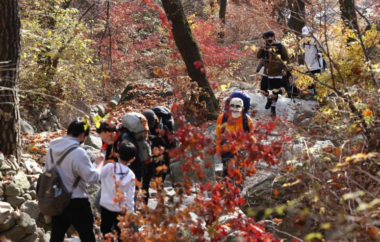 단계적 일상 회복(위드 코로나) 시행 첫 주말인 7일 오전 서울 강북구 북한산국립공원을 찾은 등산객들이 산을 오르고 있다. 사진은 기사 중 특정 표현과 무관. [이미지출처=연합뉴스]