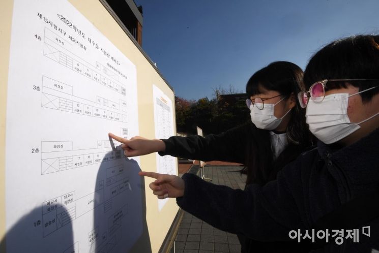 2022학년도 대학수학능력시험 예비소집일인 17일 서울 중구 이화여자외국어고등학교에서 수험생들이 고사장을 확인하고 있다./김현민 기자 kimhyun81@