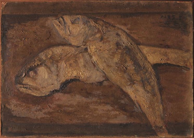 박수근의 '도마 위의 조기', 1952, 18x24.2cm, 하드보드에 유채, 개인소장.