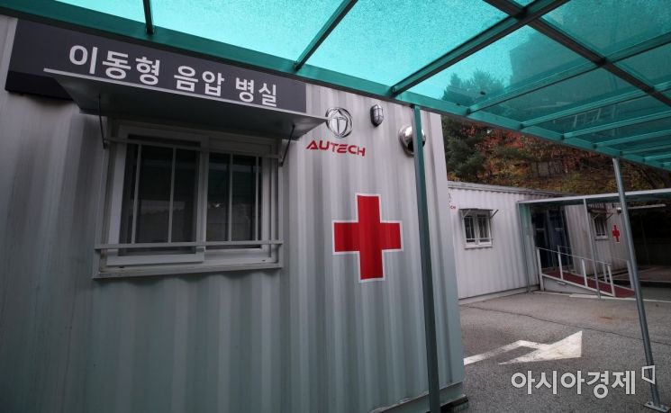 지난 18일 서울 은평구 서울시립서북병원 주차장에 위중증 환자 급증에 대비한 '이동형 음압 병실'이 설치돼 있다./김현민 기자 kimhyun81@