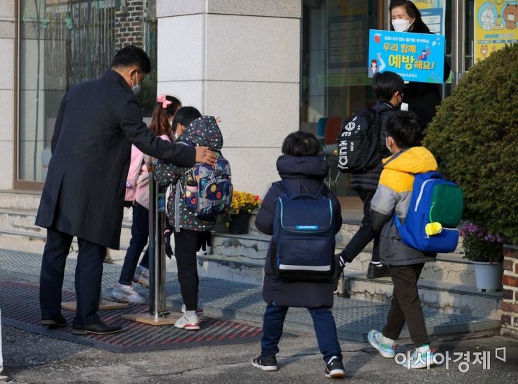 수도권 유치원, 초?중?고등학교 전면등교가 시작되는 22일 오전 서울 소재 한 초등학교 학생들이 손소독을 하며 교실로 향하고 있다. /사진공동취재단