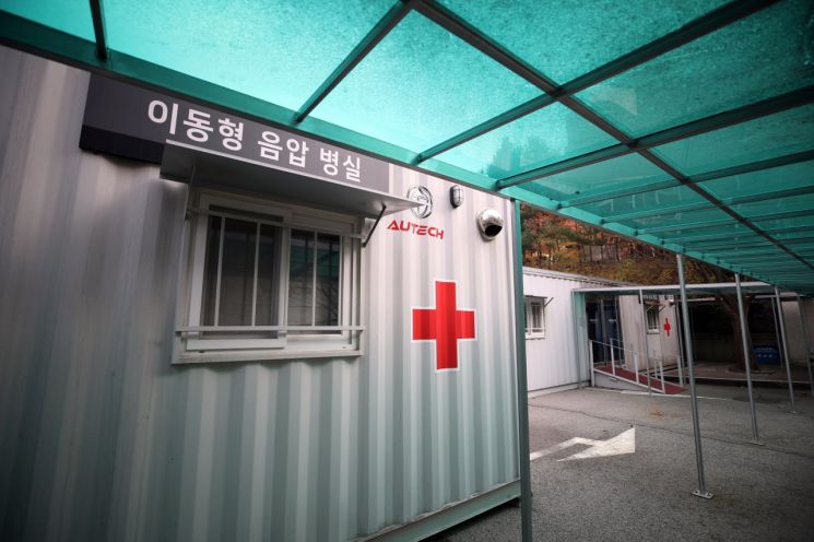 서울 은평구 서울시립서북병원 주차장에 위중증 환자 급증에 대비한 '이동형 음압 병실'이 설치돼 있다. [이미지출처=연합뉴스]