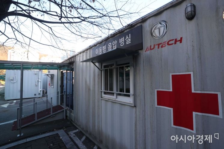 코로나19 확산세가 거세지고 있는 26일 서울 은평구 서울시립서북병원 주차장에 위중증 환자 치료를 위한 이동형 음압병실이 운영되고 있다. /문호남 기자 munonam@