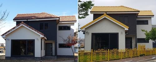 갈색 스페인식 기와를 노란색으로 칠한 전남 장성군 장성읍 한 주택.     사진자료=연합뉴스