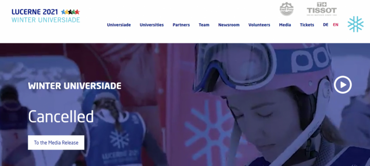 2021 스위스 동계 유니버시아드 대회 홈페이지가 행사 취소를 알리고 있다.