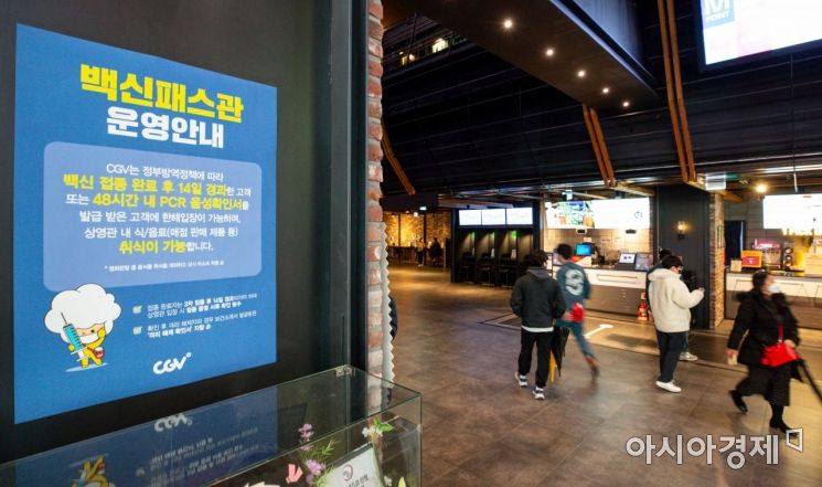 정부가 코로나19 상황이 악화되자 단계적 일상회복(위드 코로나) 2단계 전환을 유보하고 4주간 특별방역대책을 발표한 가운데 30일 서울 한 영화관에 백신패스관 운영에 대한 안내문이 붙어 있다./강진형 기자aymsdream@
