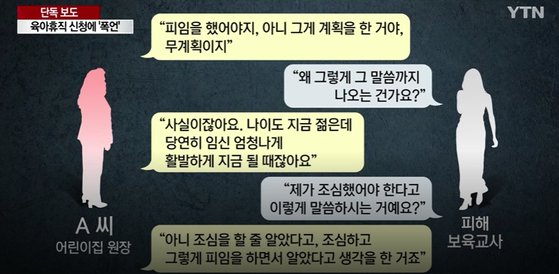 서울의 한 어린이집 원장이 육아휴직을 요청한 보육교사에게 "피임을 했어야지" 등 폭언한 사실이 알려졌다./사진=YTN 방송 화면 캡처