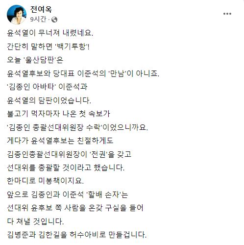 전여옥 전 새누리당(국민의힘 전신) 의원이 올린 글. [사진=전여옥 전 의원 페이스북 캡처]