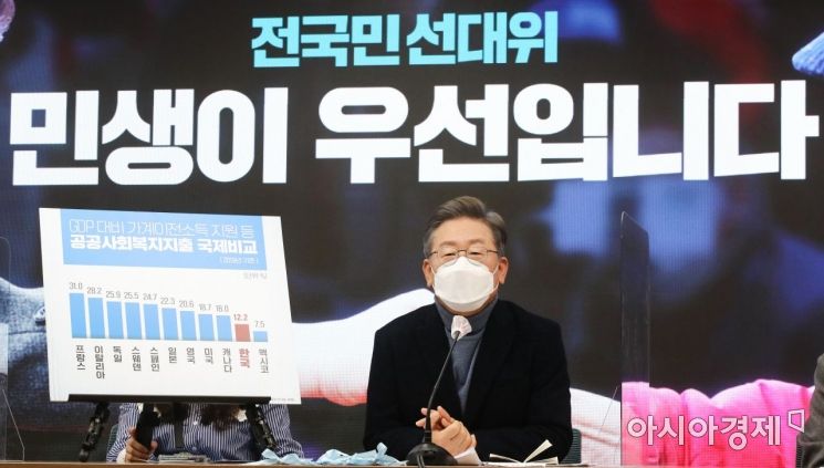 이재명 더불어민주당 대선후보가 6일 서울 여의도 중앙당사에서 열린 소상공인과 함께하는 전국민선대위에 참석, 모두발언을 하고 있다./윤동주 기자 doso7@