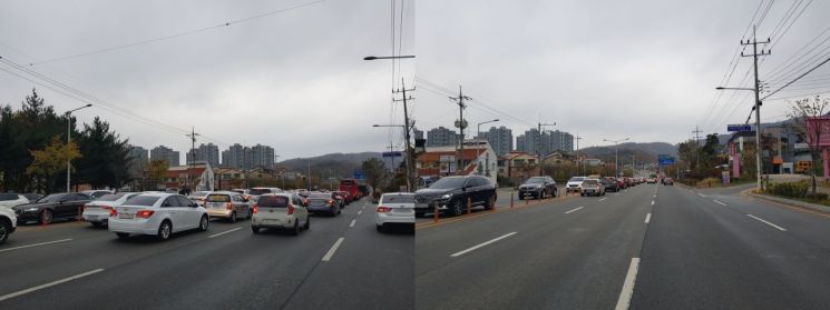 충북 청주시 상당구 용정동 교차로 신호운영 개선 전(왼쪽)과 후 비교.[사진제공=도로교통공단]