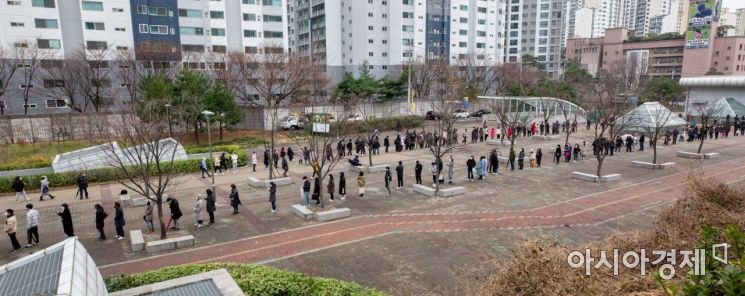 코로나19 신규 확진자가 7022명 발생하며 사흘째 7000명대 확진자 발생이 이어지고 있는 10일 서울 마포구 서강대역광장에 마련된 임시선별검사소를 찾은 시민들이 검사를 받기 위해 대기하고 있다./강진형 기자aymsdream@