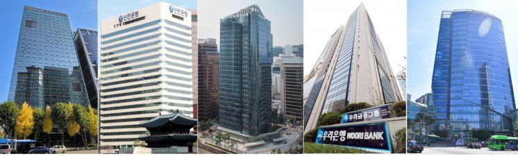 디지털 전환과 코로나19 영향으로 꽉 막혔던 은행 채용시장에 숨통이 트일 것으로 보인다. (왼쪽부터) KB국민, 신한, 하나, 우리, 농협은행 본점 건물.
