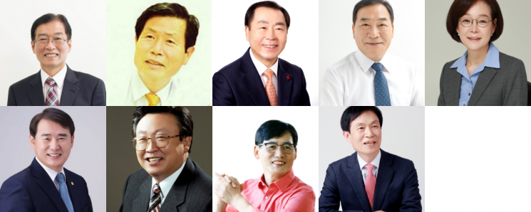 (왼쪽부터) 강동완 전 조선대 총장, 김선호 전 교육의원,김홍식 전 서부교육장, 박주정 현 서부교육장, 박혜자 전 국회의원, 이정선 전 광주교대 총장, 이정재 전 광주교대 총장, 정성홍 전 전교조 사무처장, 최영태 전 전남대 인문학장.(가나다 순)