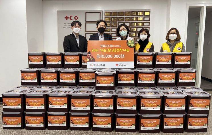 한화시스템 직원들이 서울지역 결식아동·독거 어르신 210가구에 김장김치 완제품을 전달하고 기념촬영을 하고 있다.(사진제공=한화시스템)