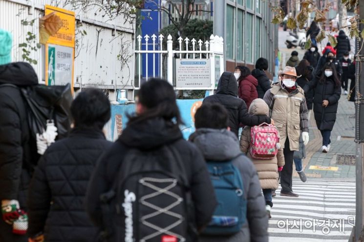 정부가 사회적 거리두기를 다시 강화하기로 결정함에 따라 오는 20일부터 수도권 모든 학교와 비수도권 과대학교, 과밀학급이 전면 등교를 중단하기로 발표한 17일 서울 한 초등학교 인근에서 학생들이 등교하고 있다./강진형 기자aymsdream@