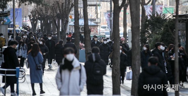 코로나19 확진자가 증가하며 한층 강화된 사회적 거리두기가 시행된 첫 주말인 19일 서울 홍대입구역 인근 거리를 찾은 시민들로 붐비고 있다./강진형 기자aymsdream@