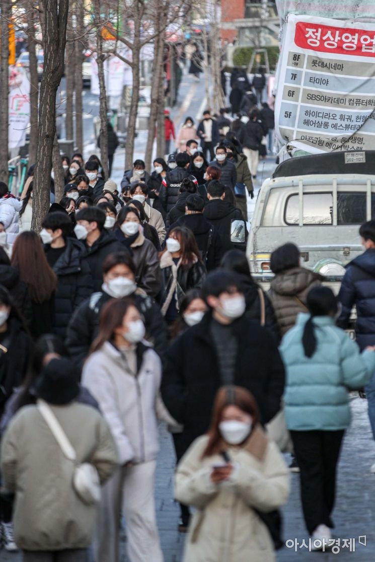 코로나19 확진자가 증가하며 한층 강화된 사회적 거리두기가 시행된 첫 주말인 지난 19일 서울 홍대입구역 인근 거리를 찾은 시민들로 붐비고 있다./강진형 기자aymsdream@