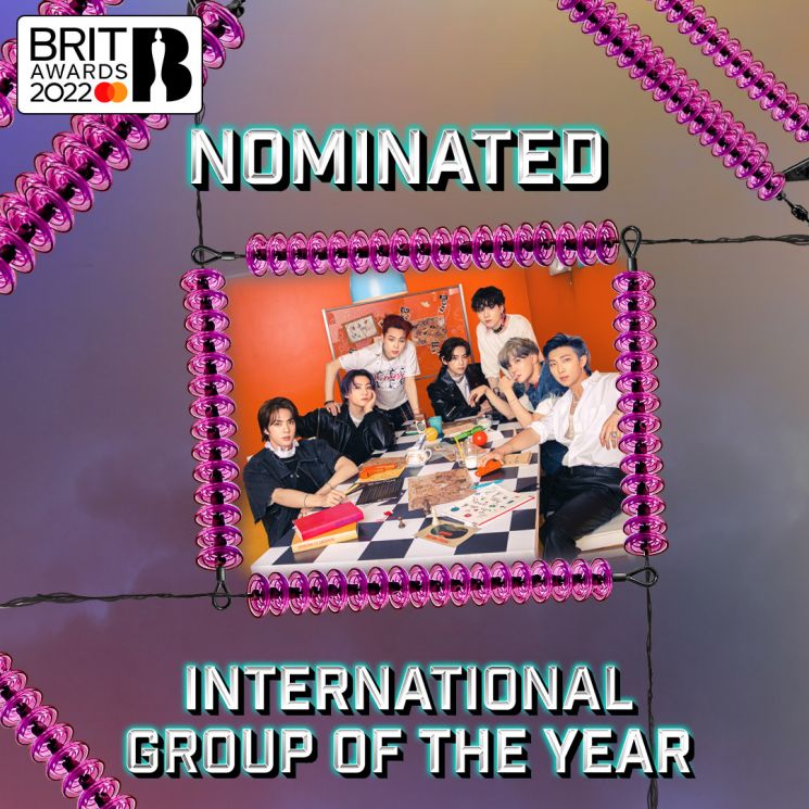 그룹 방탄소년단(BTS)이 영국 최고 권위 음악 시상식인 브릿어워즈 수상 후보에 오른 모습.