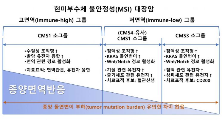 ＜보다 세분화된 대장암(현미부수체 불안정성 대장암) 분류 제안 모식도＞

현미부수체 불안정성 대장암이 일반적으로 면역반응이 높은 그룹과 예상과는 달리 면역반응이 낮은 그룹으로 나뉠 수 있다. (고면역 vs. 저면역) 이 가운데 저면역 그룹은 다시 CMS라는 대장암 분자 분류상의 소그룹으로 나뉠 수 있음을 보여주고 있다. 
이들 3가지 소그룹은 돌연변이 부담에서 차이가 나지 않는 반면 유전자 발현 등에서 서로 다른 특성을 나타내며 각 소그룹의 특성에 맞게 치료 표적이 될만한 후보를 도출할 수 있었다.

/그림 설명 및 제공= 김정호 서울대병원 병리과 교수
