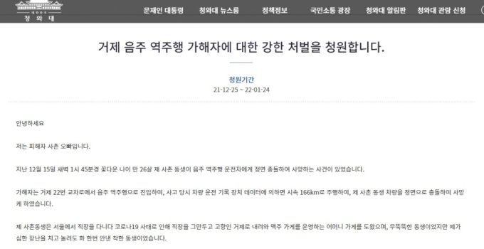 사고로 인해 숨진 20대 여성의 유족 측은 가해자에 대한 엄벌을 촉구한다는 청와대 국민청원을 올렸다. / 사진=청와대 국민청원 게시판 캡처
